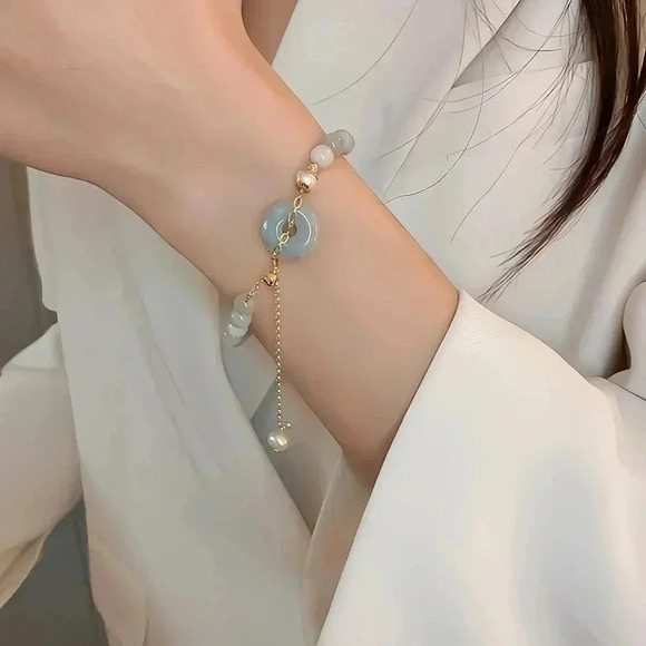 🆕️Natural Jade Beaded Adjustable Bracelet With Freshwater Pearl & Gold Chain - Picture 4 of 13